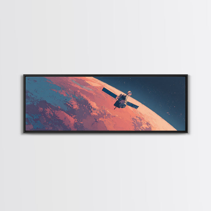 Peach Planet Orbit Satellite Canvas Print, Retro Sci Fi Space Wall Art, Midcentury Modern Poster, Office Decor Gift For Him