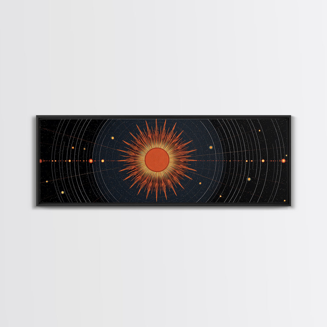 Celestial Orange Sun Orbit Diagram Wall Art, Atomic Midcentury Modern Art Poster, Geometric Space Print, Office Decor Gift