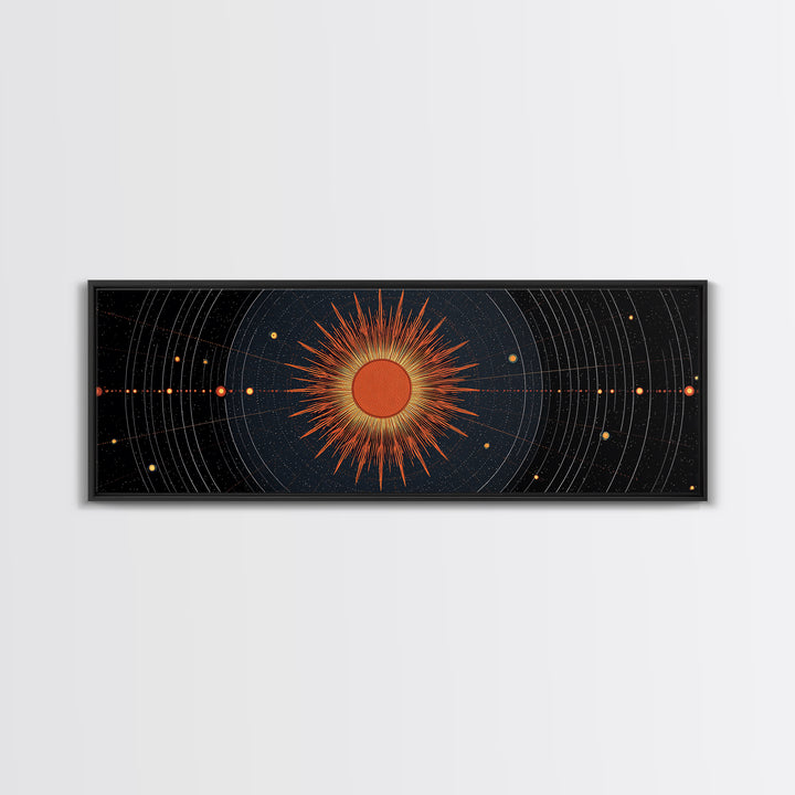 Celestial Orange Sun Orbit Diagram Wall Art, Atomic Midcentury Modern Art Poster, Geometric Space Print, Office Decor Gift