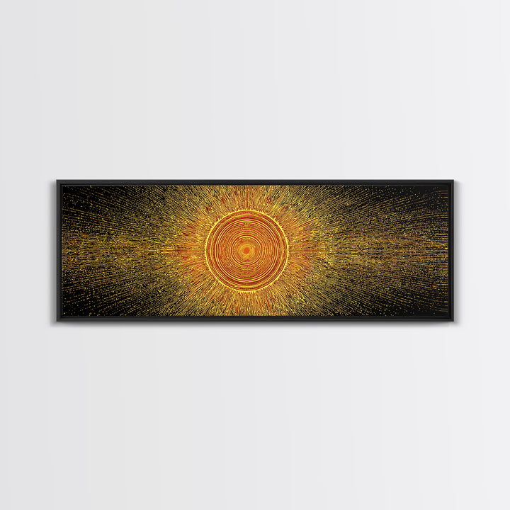 Golden Radiant Mandala Sun Canvas Print, Abstract Space Wall Art, Midcentury Modern Decor, Spiritual Geometric Poster Gift