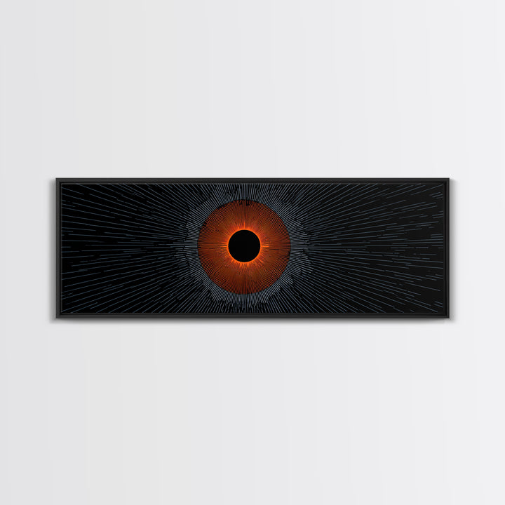 Orange Eclipse With Blue Radial Lines Wall Art, Abstract Sci Fi Space Poster, Midcentury Modern Decor, Geometric Print Gift
