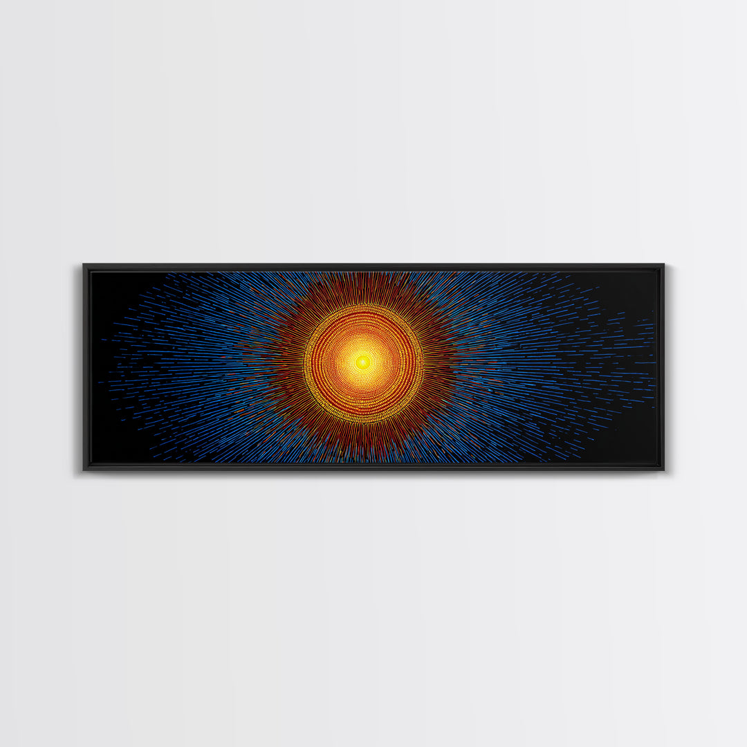 Blue And Orange Radiant Solar Burst Canvas Print, Abstract Space Wall Art, Midcentury Modern Poster, Bold Geometric Decor