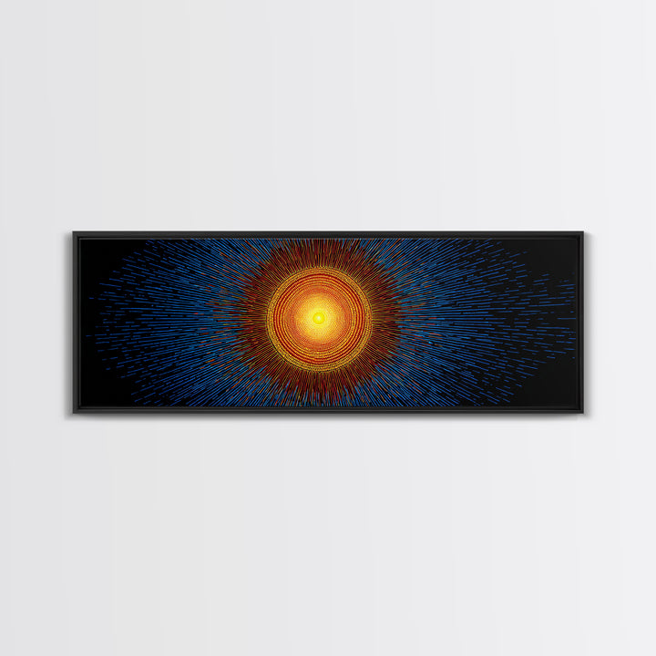 Blue And Orange Radiant Solar Burst Canvas Print, Abstract Space Wall Art, Midcentury Modern Poster, Bold Geometric Decor