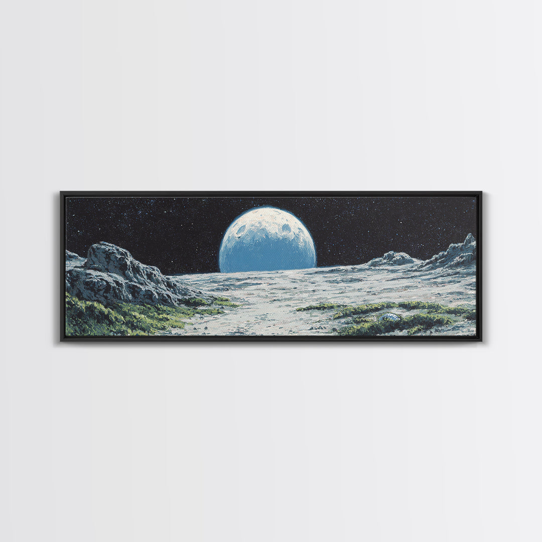 Moon Rising Over Alien Mountains Wall Art, Retro Sci Fi Landscape Poster, Midcentury Modern Decor, Scenic Space Art Print