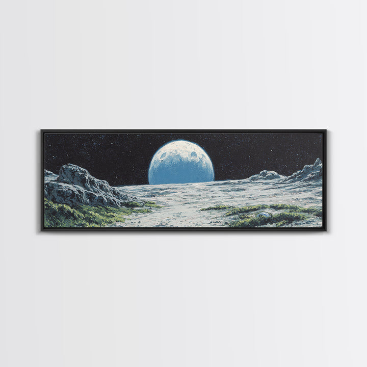 Moon Rising Over Alien Mountains Wall Art, Retro Sci Fi Landscape Poster, Midcentury Modern Decor, Scenic Space Art Print
