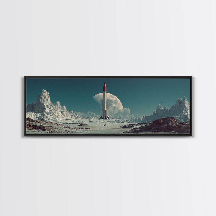 Rocket On Lunar Plain With Giant Moon Framed Canvas Print, Retro Sci Fi Wall Art, Midcentury Modern Space Poster Decor Gift