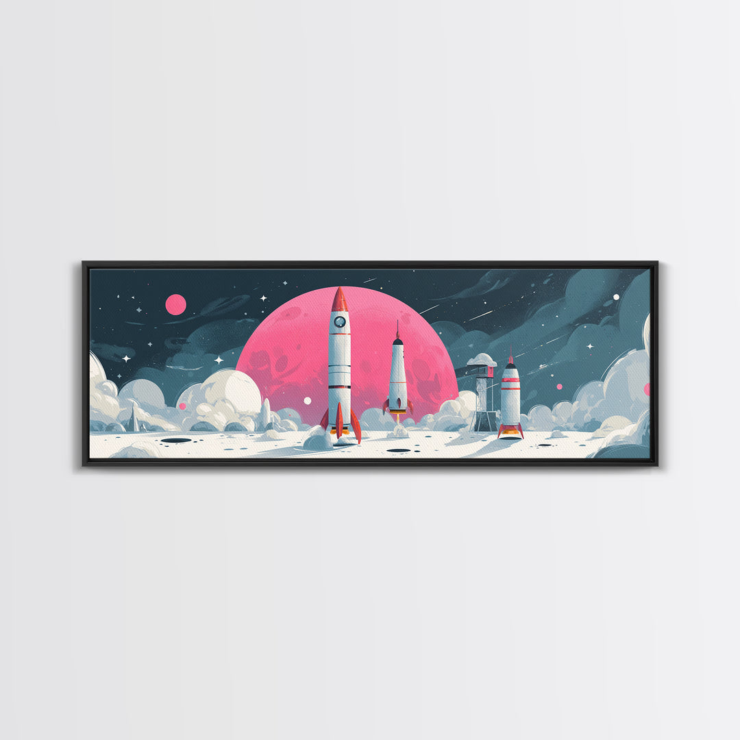Pink Moon Rocket Base Wall Art, Retro Sci Fi Space Poster, Midcentury Modern Art Print, Lunar Nursery Decor, MCM Wall Decor