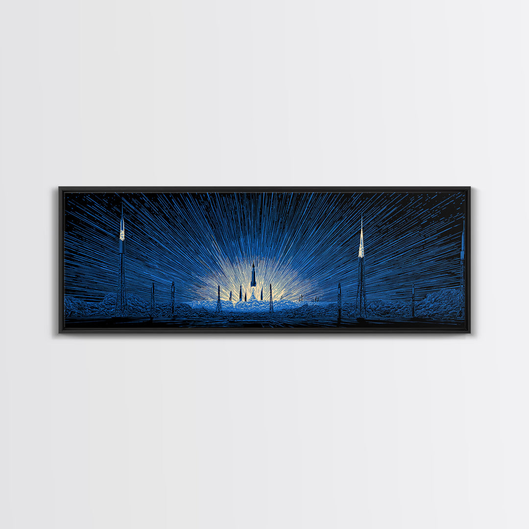 Blue Rocket Launch Wall Art, Radiant Sci Fi Space Poster, Midcentury Modern Art Print, Retro Futuristic Office Decor For Home