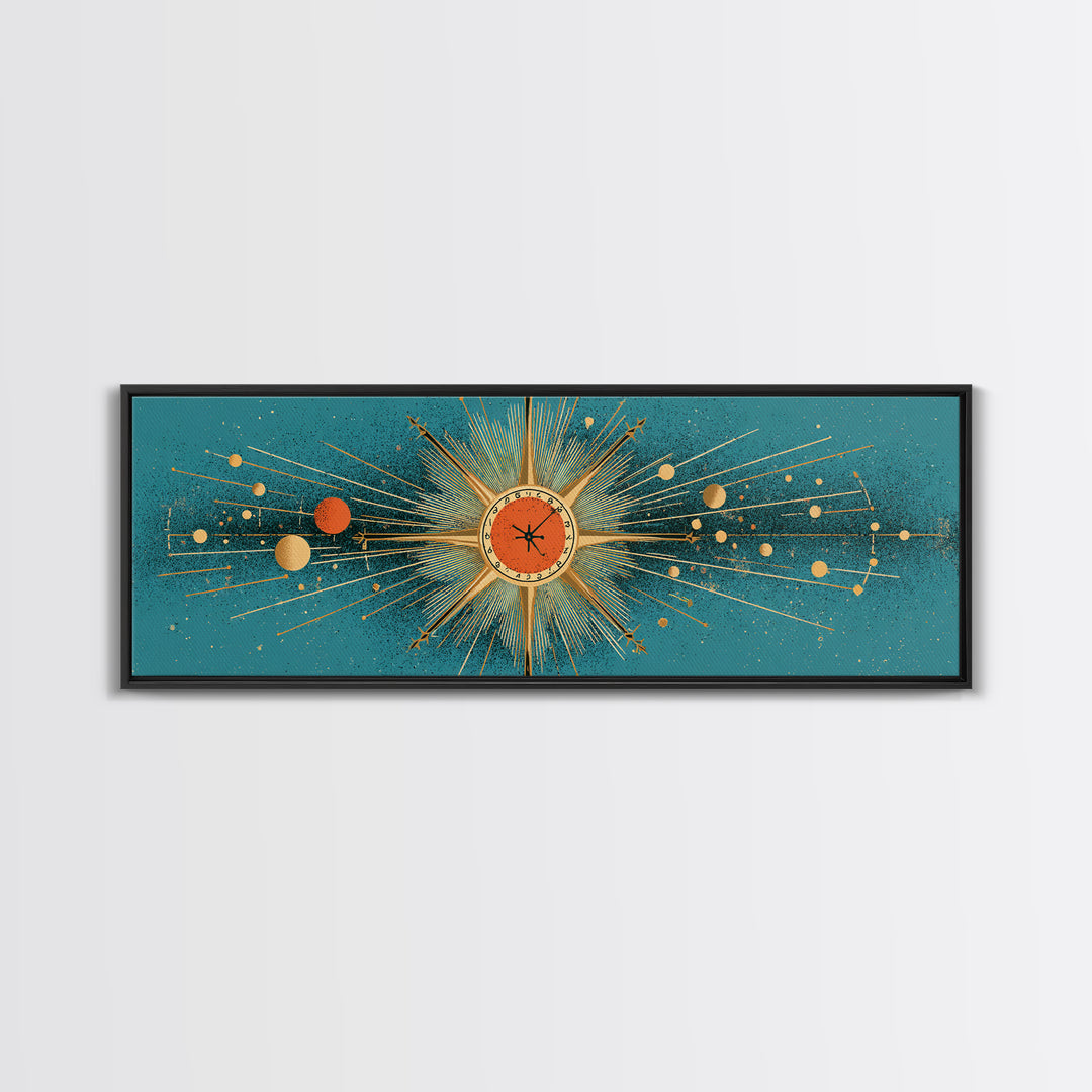 Teal Atomic Clock Sunburst Canvas Print, Mid Century Modern Wall Art, Retro Geometric Office Decor, Turquoise Mcm Print Gift