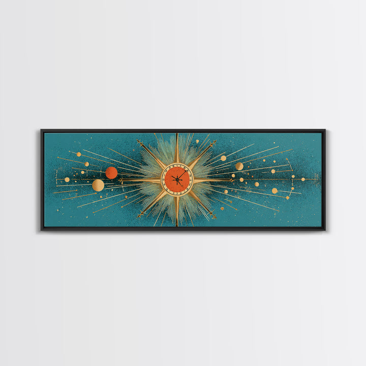 Teal Atomic Clock Sunburst Canvas Print, Mid Century Modern Wall Art, Retro Geometric Office Decor, Turquoise Mcm Print Gift