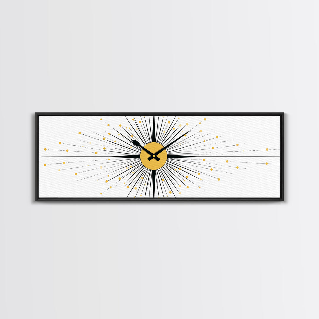 Minimal Gold Clock Starburst Wall Art, Mid Century Modern Abstract Print, Geometric Bauhaus Decor For Office, Entry, Or Den