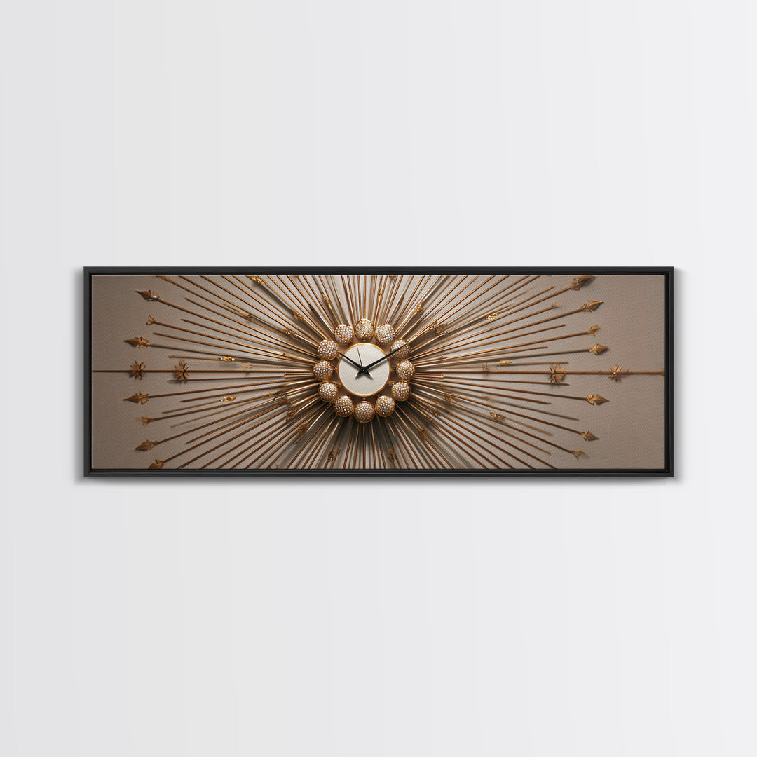 Gold Sunburst Clock Sculpture Framed Canvas Print, Mid Century Modern Wall Art, Hollywood Regency Decor For Living Room
