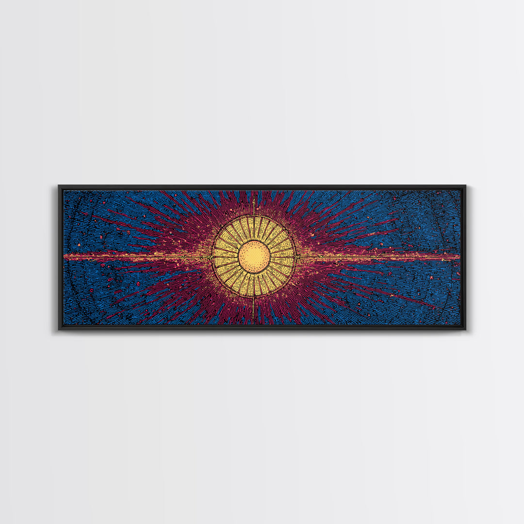 Blue Magenta Solar Burst Wall Art, Mid Century Modern Abstract Print, Cosmic Retro Decor For Living Room And Office, Wall Decor