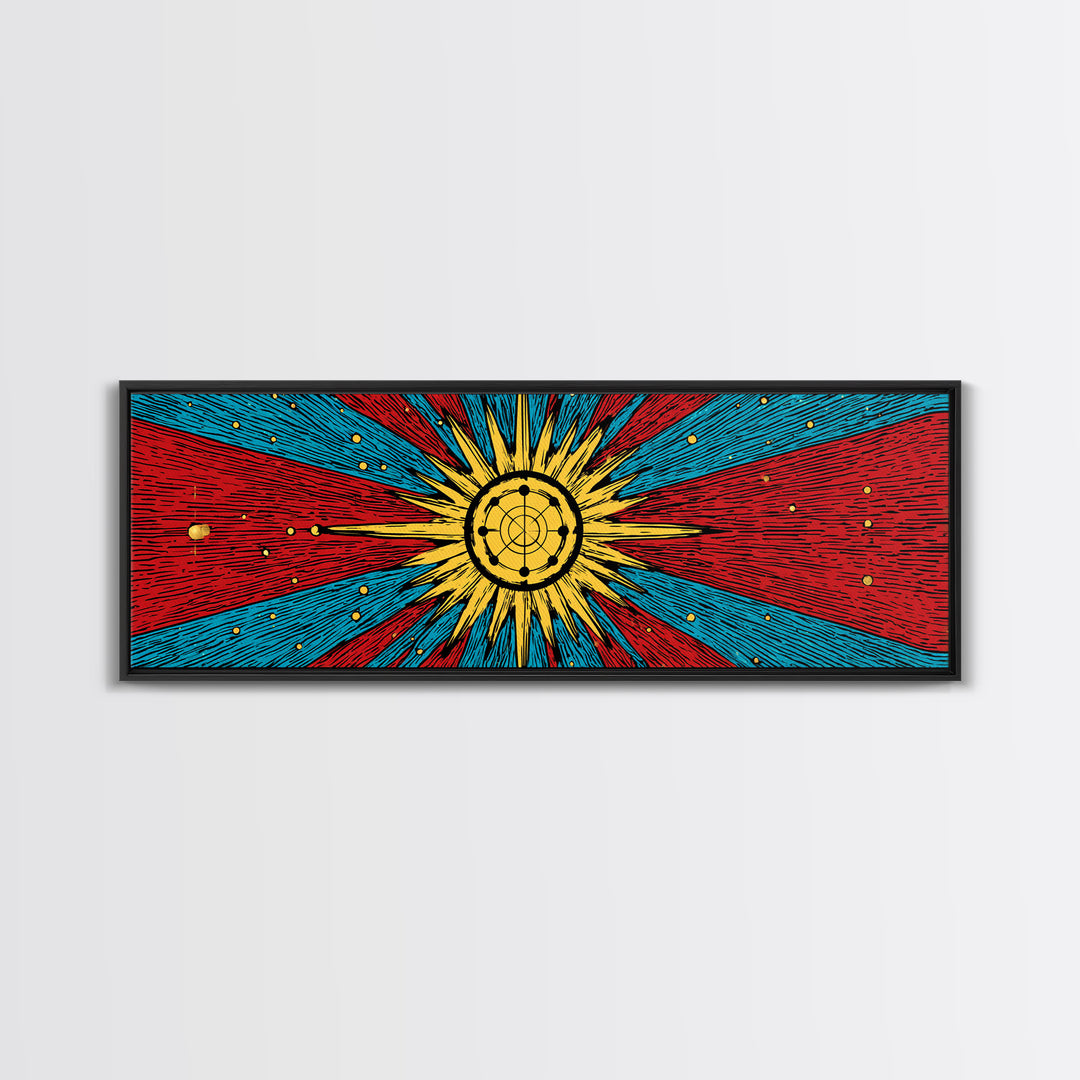 Radiant Atomic Sunburst And Orbiting Stars Canvas Print, Mid Century Modern Wall Art, Retro Space Decor, Bold MCM Poster