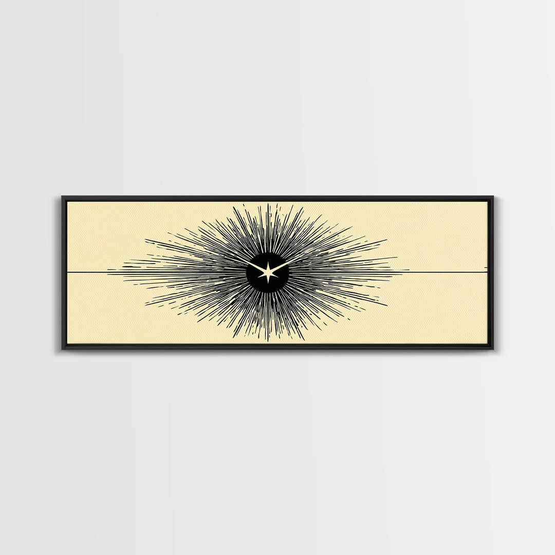 Black Starburst Atomic Eye Canvas Print, Mid Century Modern Wall Art, Minimalist Retro Poster, Beige Space Age Home Decor