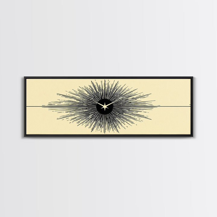 Black Starburst Atomic Eye Canvas Print, Mid Century Modern Wall Art, Minimalist Retro Poster, Beige Space Age Home Decor