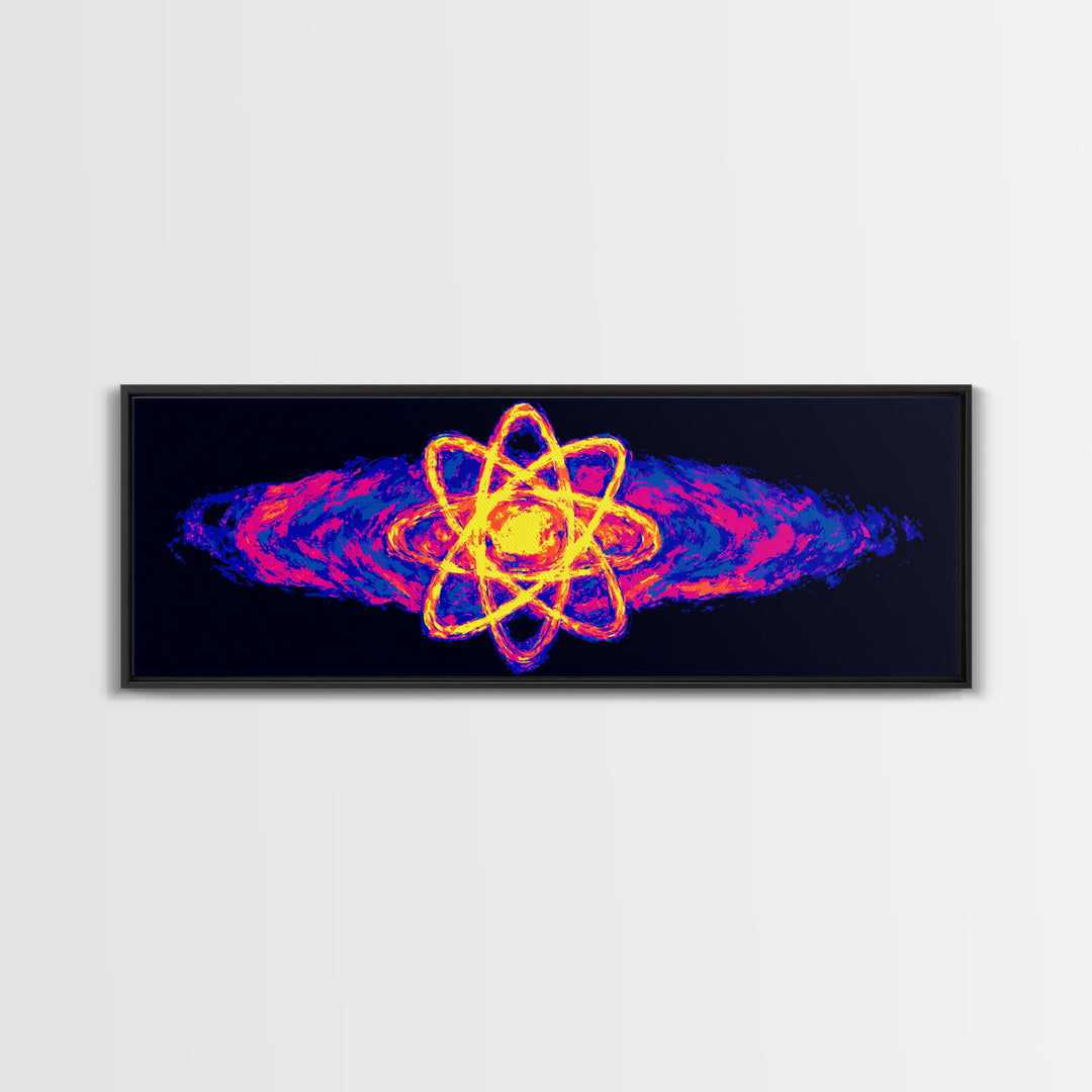 Neon Atom With Cosmic Energy Waves Canvas Print, Modern Abstract Art, Retro Sci Fi Wall Art, Colorful Space Poster, Home Decor