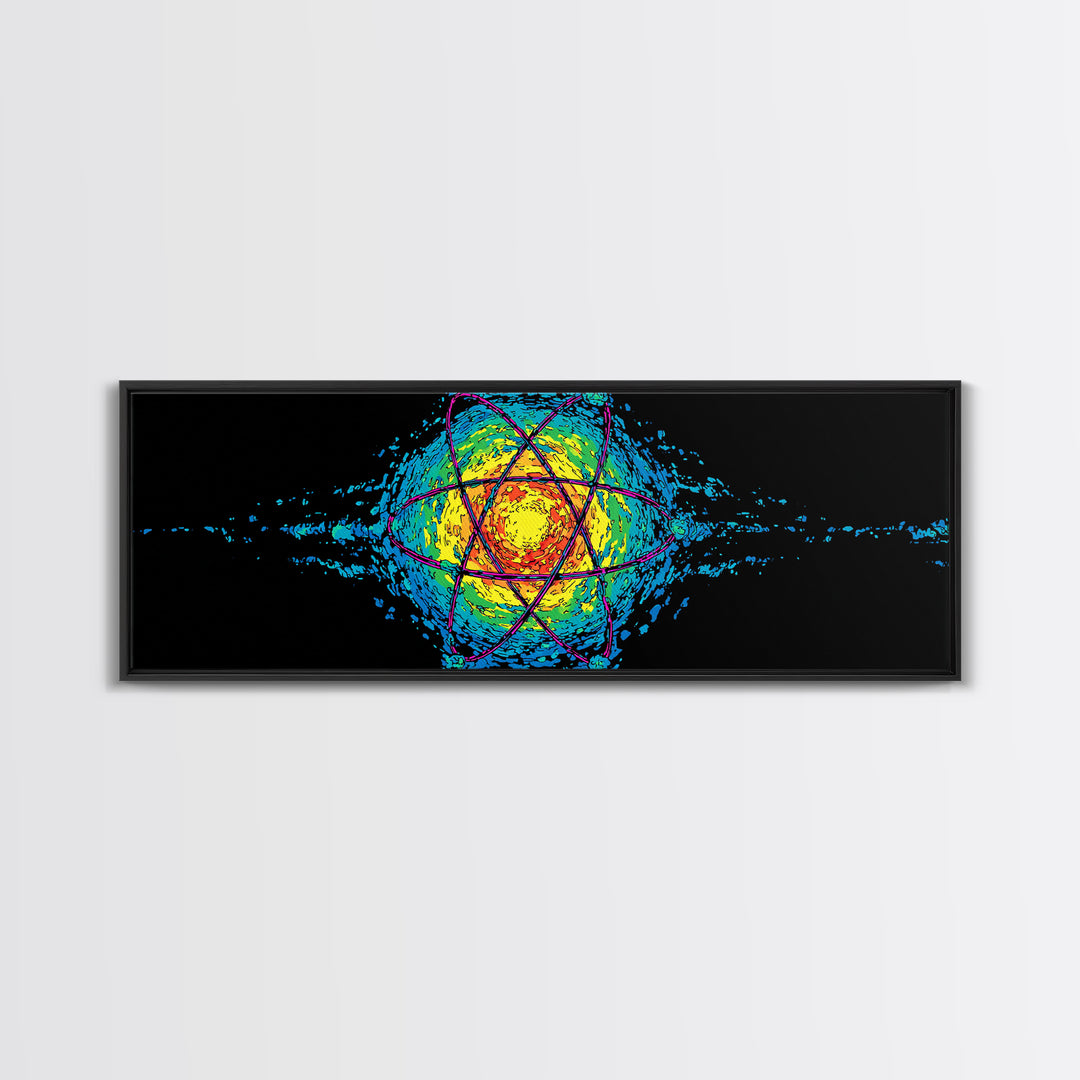 Glowing Yellow Atom And Blue Particle Waves Canvas Print, Midcentury Modern Wall Art, Retro Science Poster, Space Decor Art