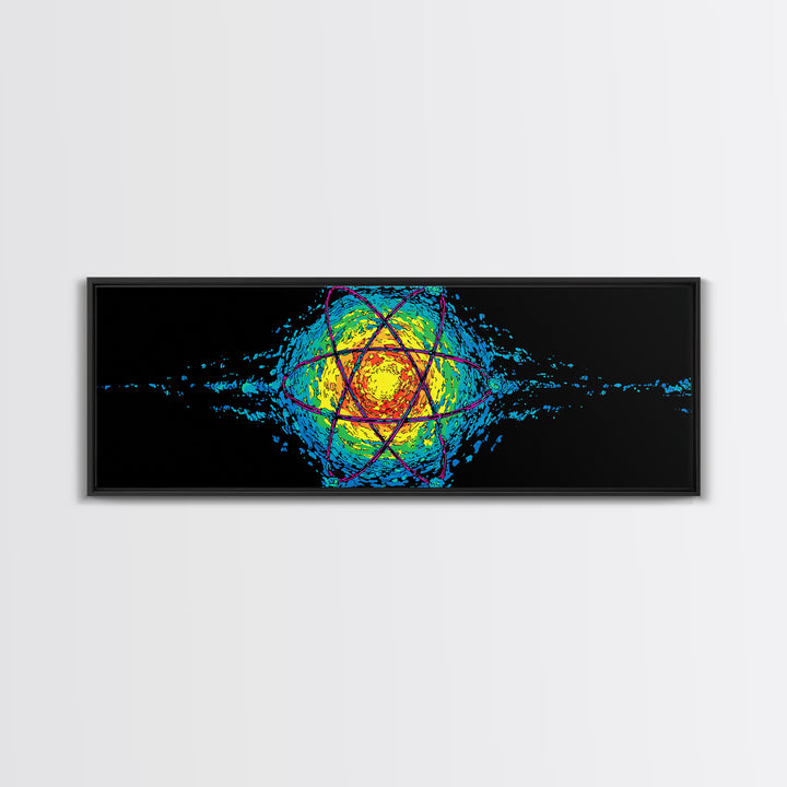 Glowing Yellow Atom And Blue Particle Waves Canvas Print, Midcentury Modern Wall Art, Retro Science Poster, Space Decor Art