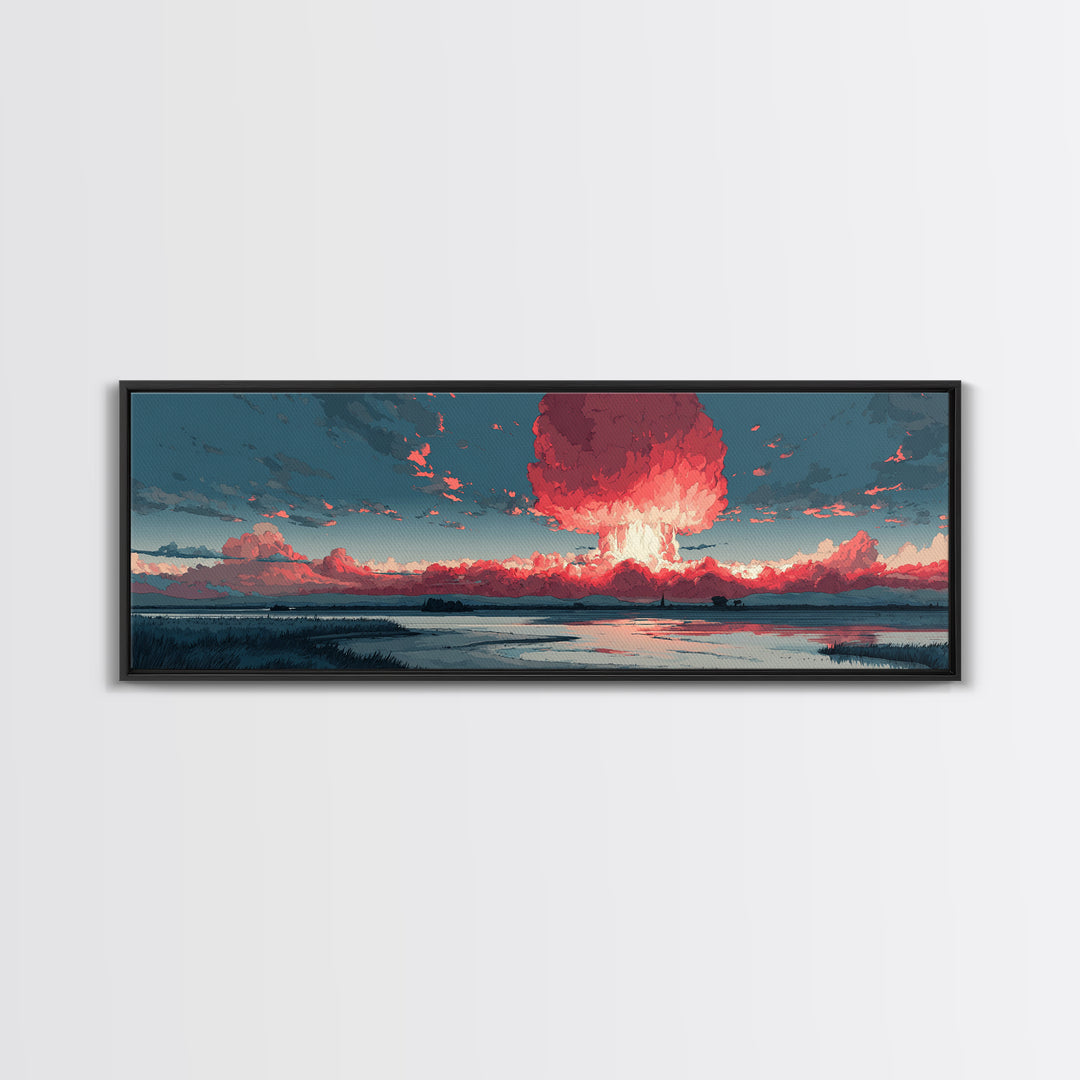 Dramatic Red Mushroom Cloud Over Wetlands Wall Art, Modern Abstract Art Print, Sci Fi Landscape Poster, Statement Home Decor