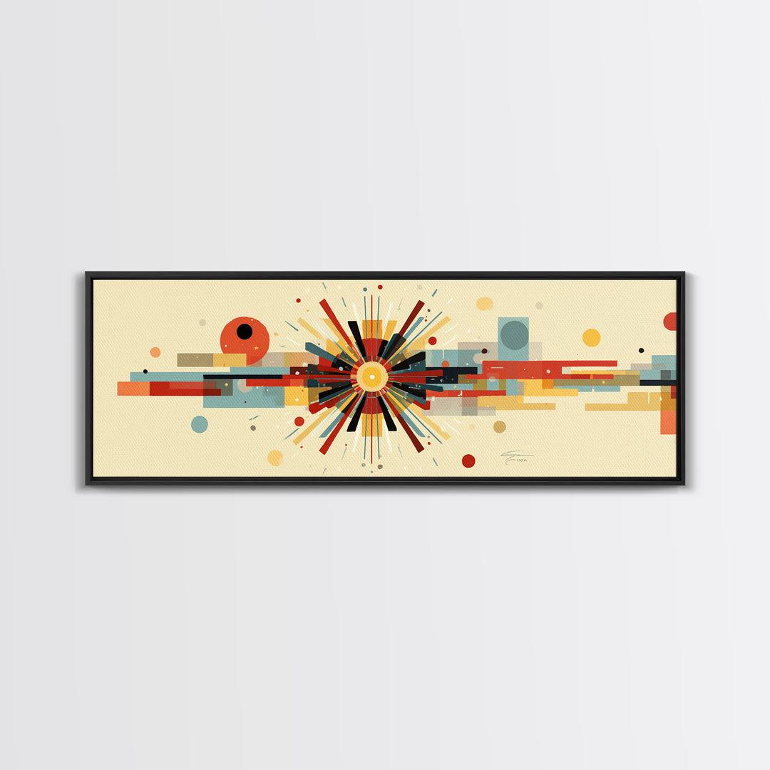 Geometric Atomic Burst With Circles And Lines Canvas Print, Mid Century Modern Wall Art, Bauhaus Poster, Colorful Decor Print