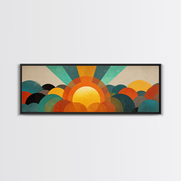 Layered Sun Rising Over Retro Hills Canvas Print, Mid Century Modern Wall Art, Colorful Landscape Poster, MCM Home Decor