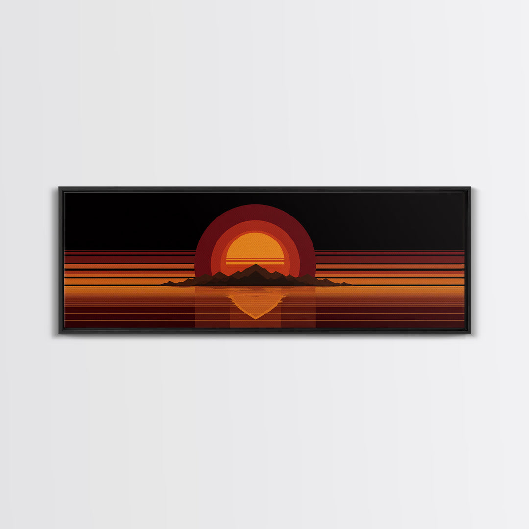 Orange Desert Sun And Mountain Reflection Wall Art, Retro Midcentury Canvas Print, Black Minimalist Modern Home Decor Poster