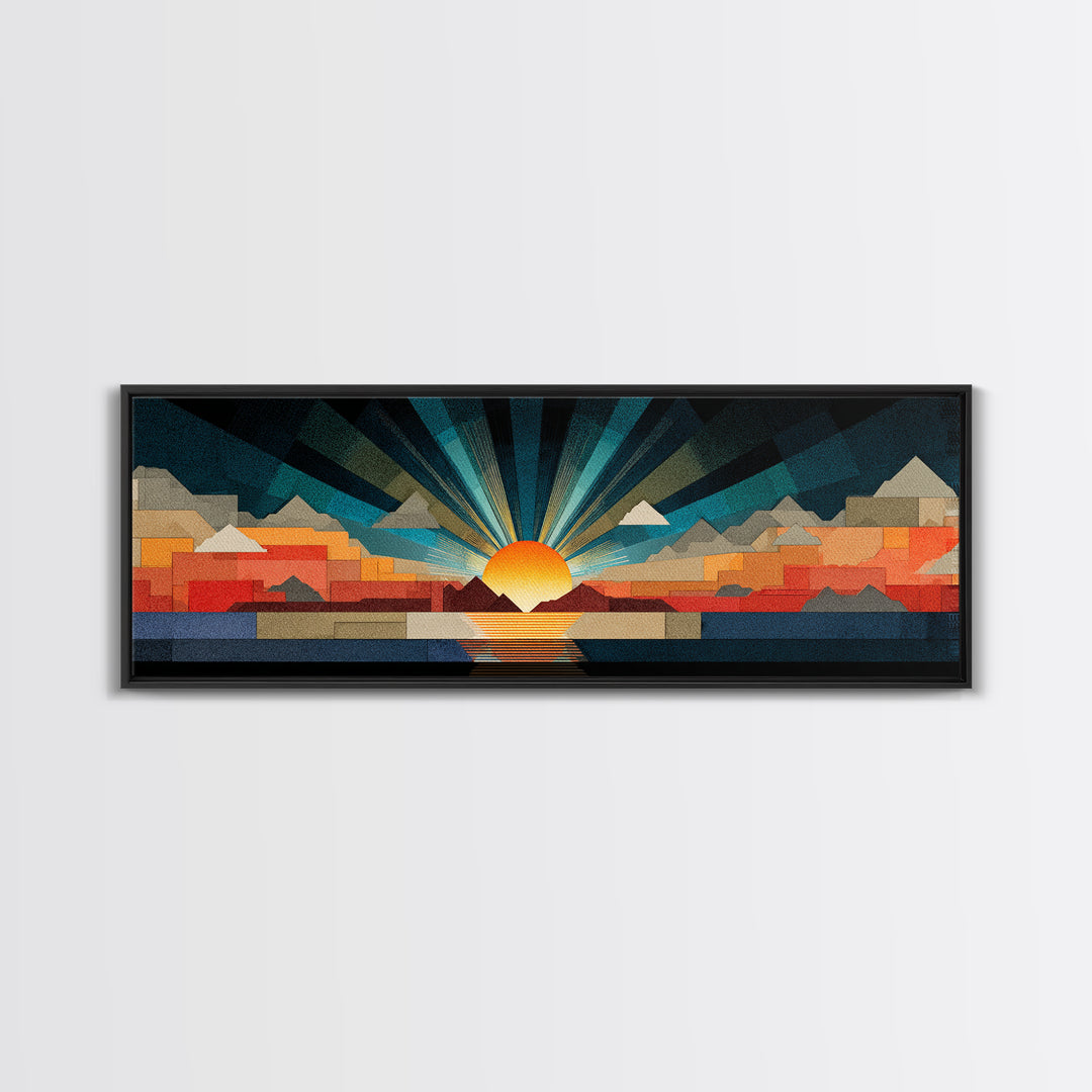 Art Deco Sunrise Mountain Landscape Wall Art, Midcentury Modern Canvas Print, Bold Geometric Retro Living Room Decor Poster