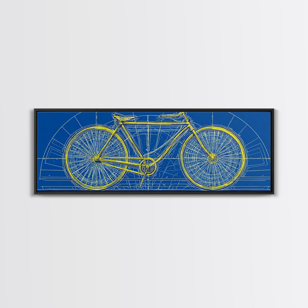 Blue Yellow Bicycle Blueprint Canvas Print, Mid Century Modern Wall Art, Cycling Poster, Geometric Retro Office Decor Gift