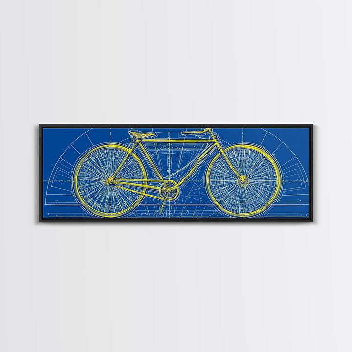 Blue Yellow Bicycle Blueprint Canvas Print, Mid Century Modern Wall Art, Cycling Poster, Geometric Retro Office Decor Gift