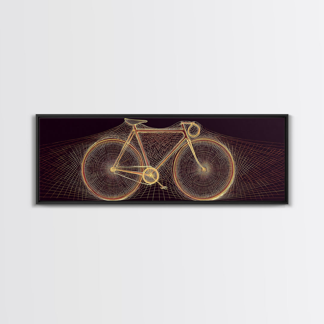 Glowing Gold Road Bicycle Framed Canvas Print, Retro Futuristic Cycling Wall Art, Modern Geometric Poster, Man Cave Decor