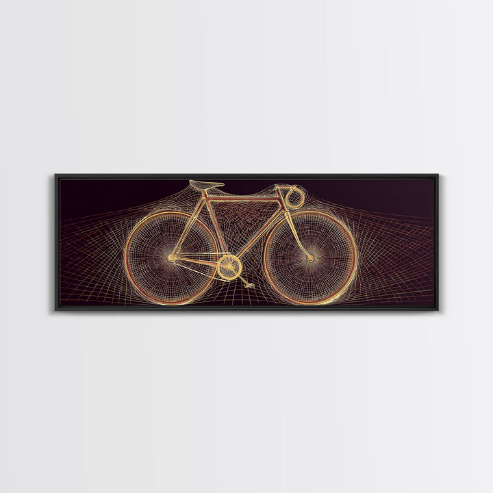 Glowing Gold Road Bicycle Framed Canvas Print, Retro Futuristic Cycling Wall Art, Modern Geometric Poster, Man Cave Decor