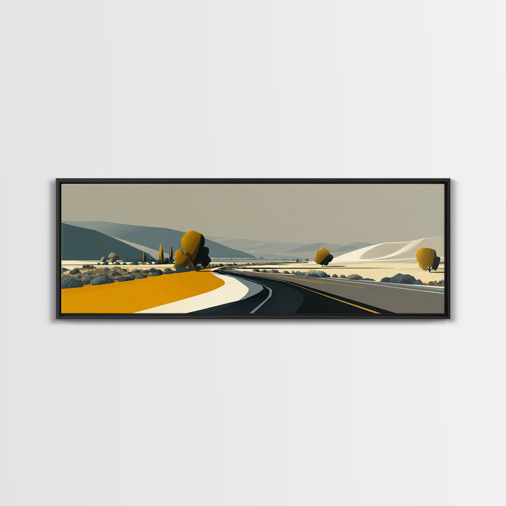 Minimal Country Road Wall Art, Modern Landscape Print, Neutral Midcentury Decor, Scenic Home Office Art, Mustard Yellow Decor