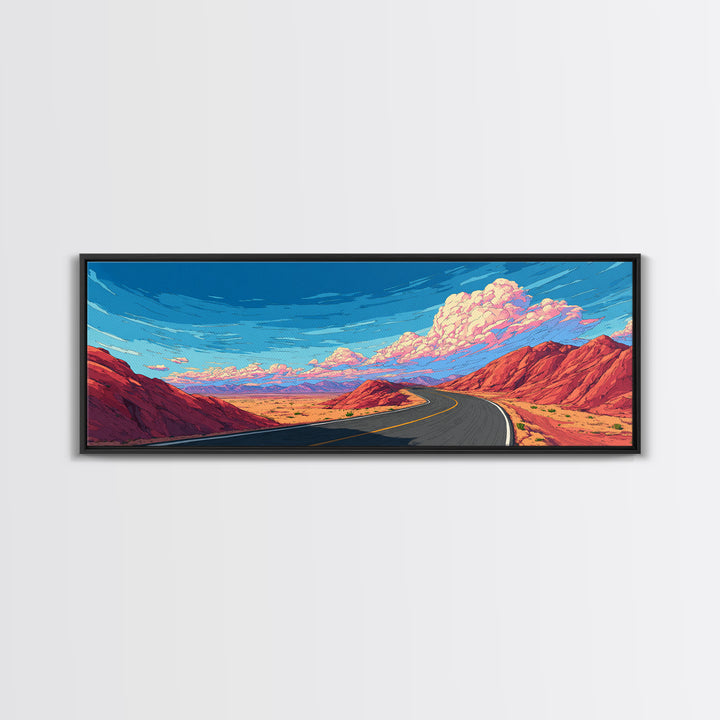 Red Canyon Highway Framed Canvas Print, Modern Wall Art, Retro Travel Poster Style, Colorful Landscape, Southwestern Decor