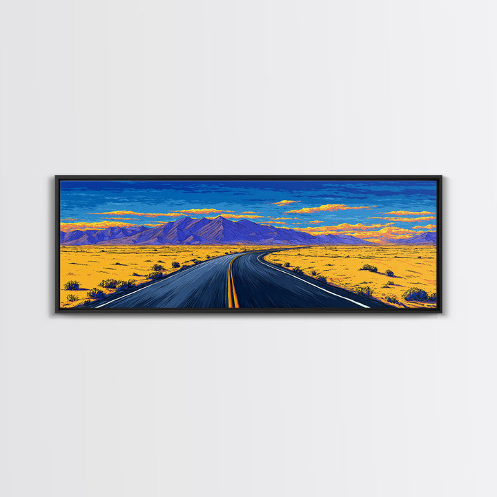 Vibrant Desert Highway And Purple Mountains Wall Art, Mid Century Modern Landscape Poster, Retro Road Trip Home Decor Print
