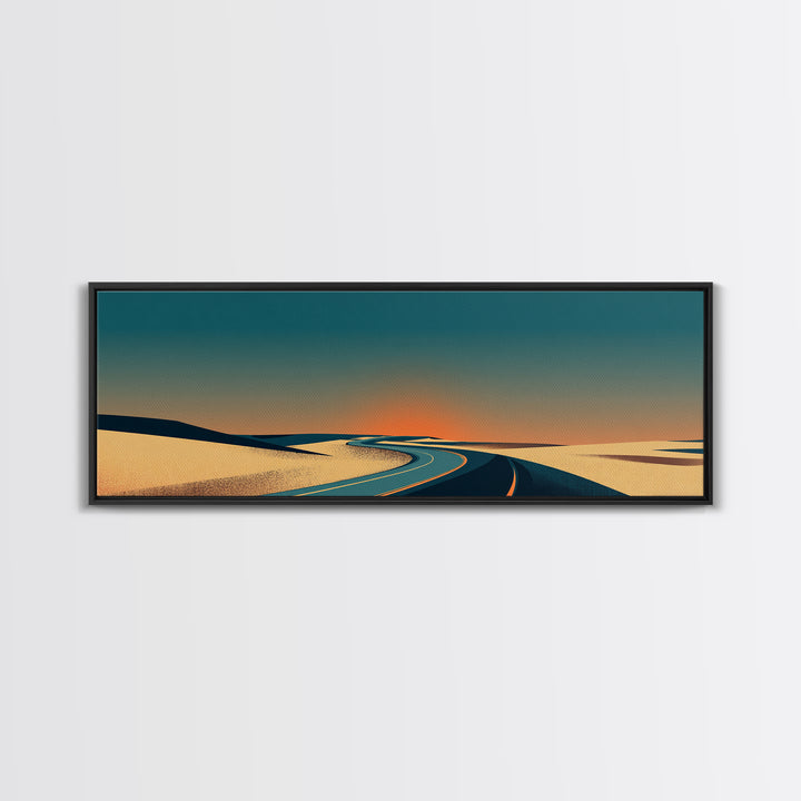 Minimal Sunset Desert Road Canvas Print, Mid Century Modern Landscape Wall Decor, Retro Travel Poster, Warm Neutral Art Print