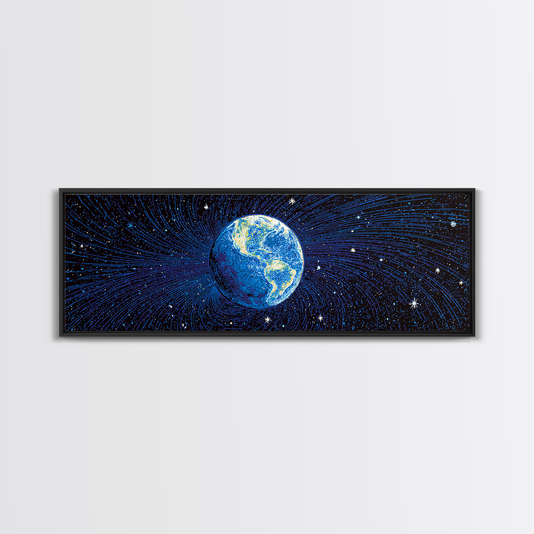 Blue Earth Magnetosphere And Starfield Wall Art, Retro Space Science Poster, Modern Digital Art Print For Office Decor And Astronomy Gift
