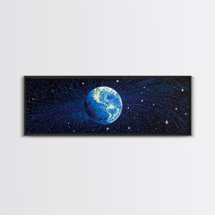 Blue Earth Magnetosphere And Starfield Wall Art, Retro Space Science Poster, Modern Digital Art Print For Office Decor And Astronomy Gift
