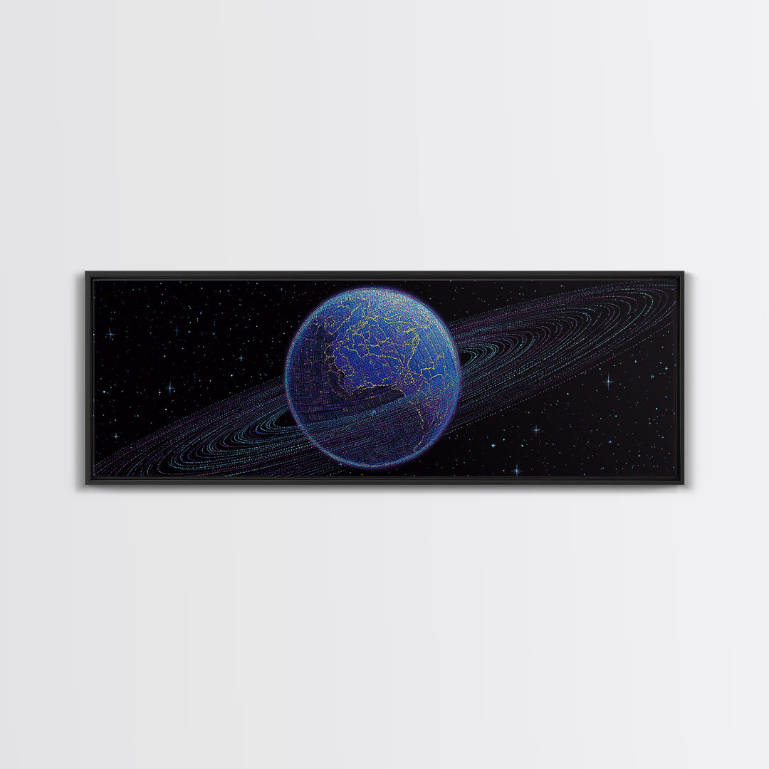 Ringed Blue Planet In Starry Space Canvas Print, Retro Sci Fi Wall Decor, Modern Digital Art Poster For Office And Bedroom
