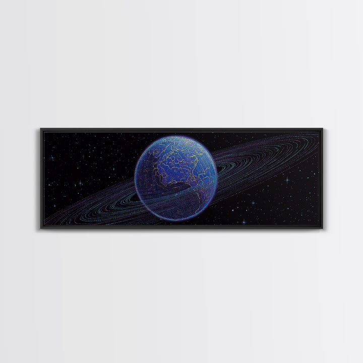 Ringed Blue Planet In Starry Space Canvas Print, Retro Sci Fi Wall Decor, Modern Digital Art Poster For Office And Bedroom