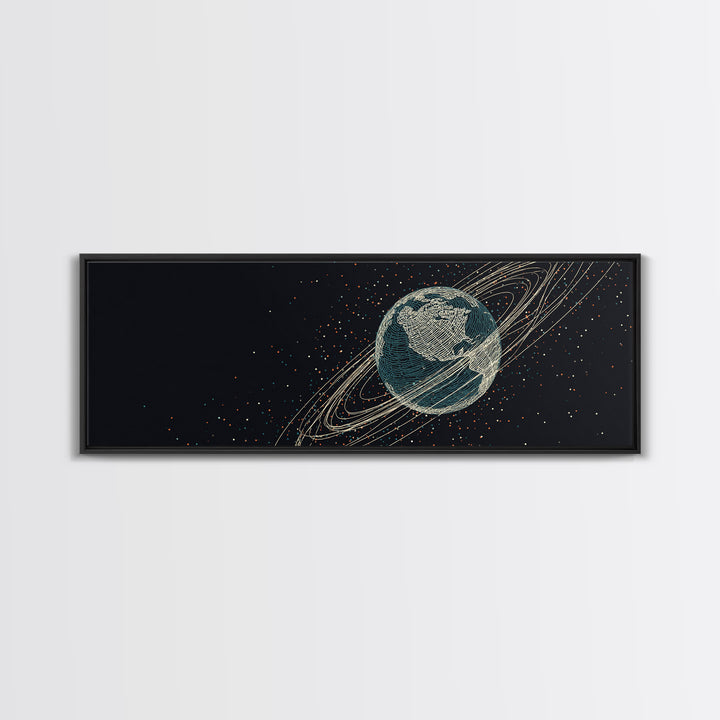 Dark Earth With Orbital Rings Framed Canvas Print, Retro Space Science Wall Decor, Modern Astronomy Art For Home Office Gift