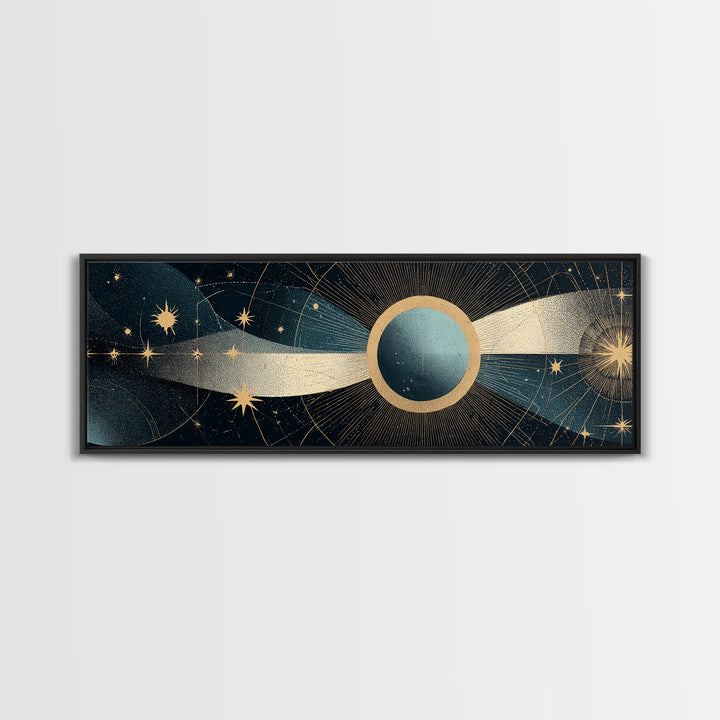 Abstract Solar Eclipse With Golden Stars Wall Art, Mid Century Modern Celestial Poster, Cosmic Retro Print For Living Room
