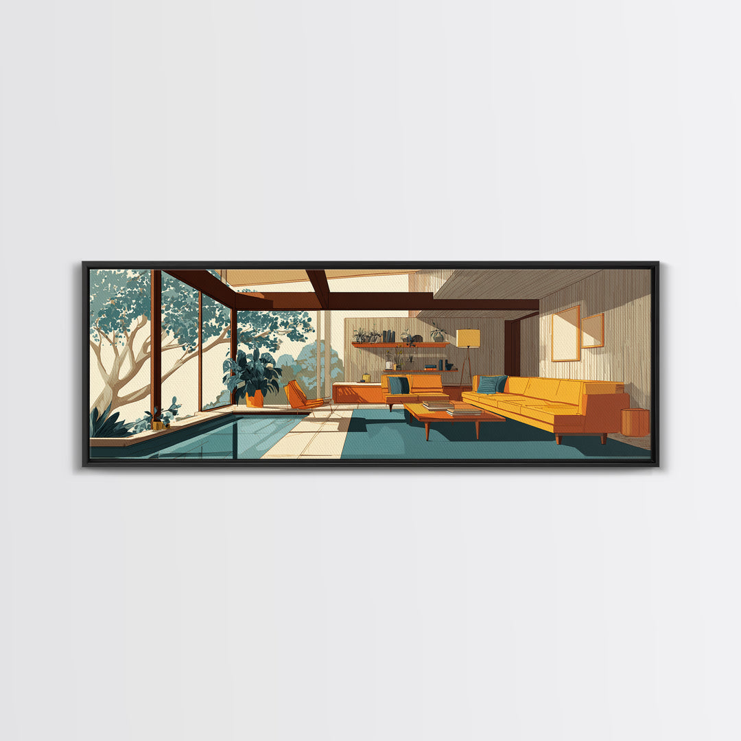 Glass Wall Living Room With Pool Wall Art, Midcentury Modern Decor, MCM Architecture, Retro Home Office Interior Design Canvas Print