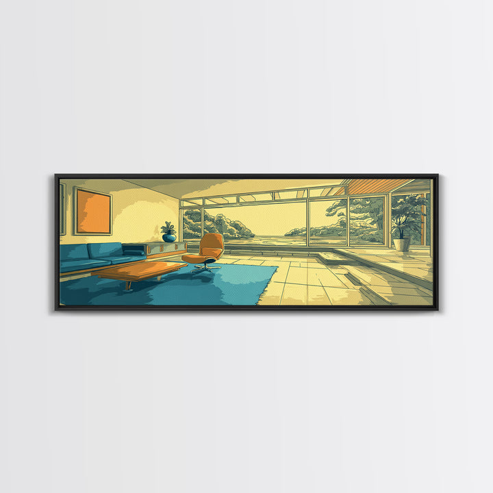Teal Yellow Living Room With Mountain View Framed Canvas Print, Midcentury Modern Wall Decor, Retro MCM Architecture Home Art