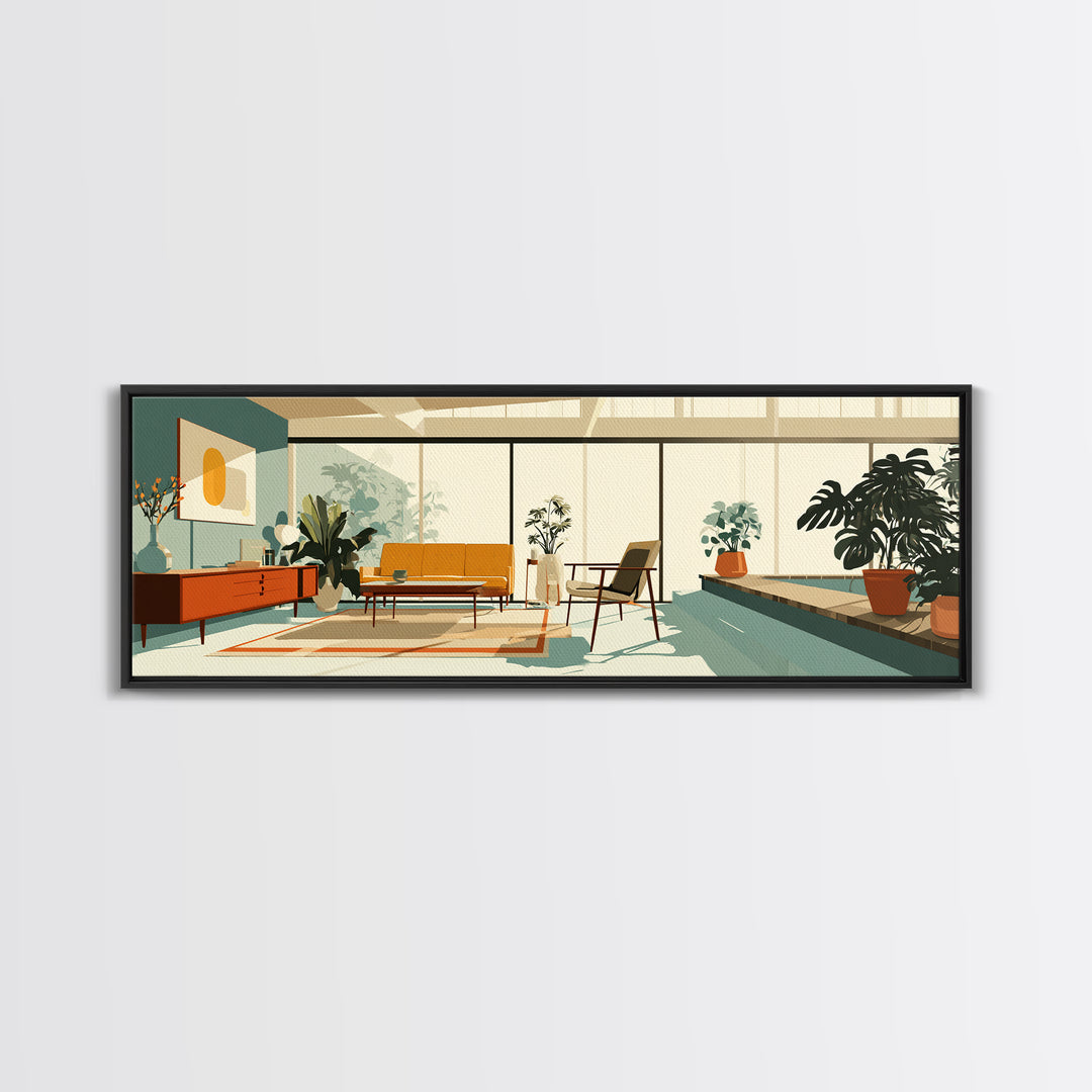 Sunny Plant Filled Living Room Wall Art, Midcentury Modern Decor, MCM Furniture, Retro Architectural Home Office Canvas Print