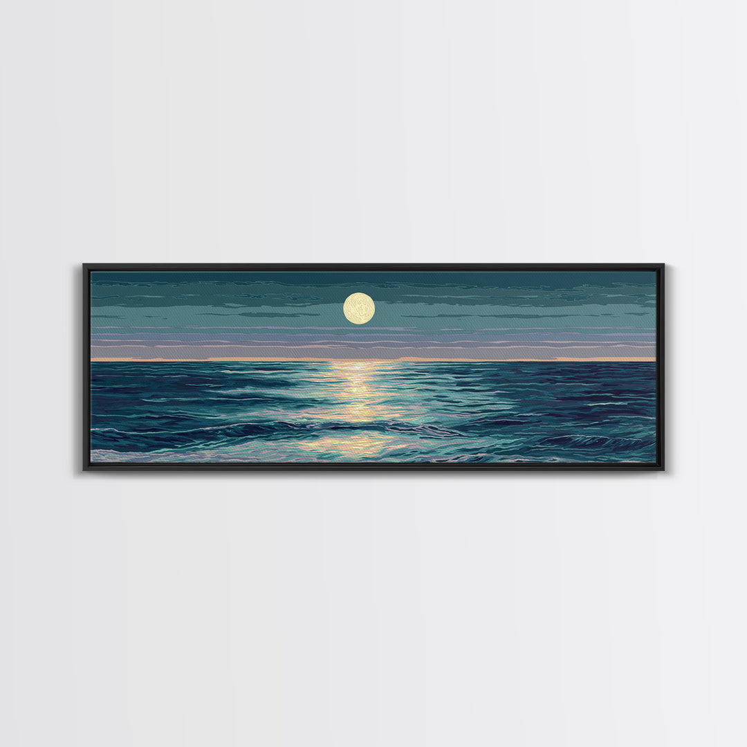 Moonlit Ocean Waves Under Full Moon Wall Art, Coastal Modern Decor, Blue Seascape, Serene Bedroom Living Room Canvas Print