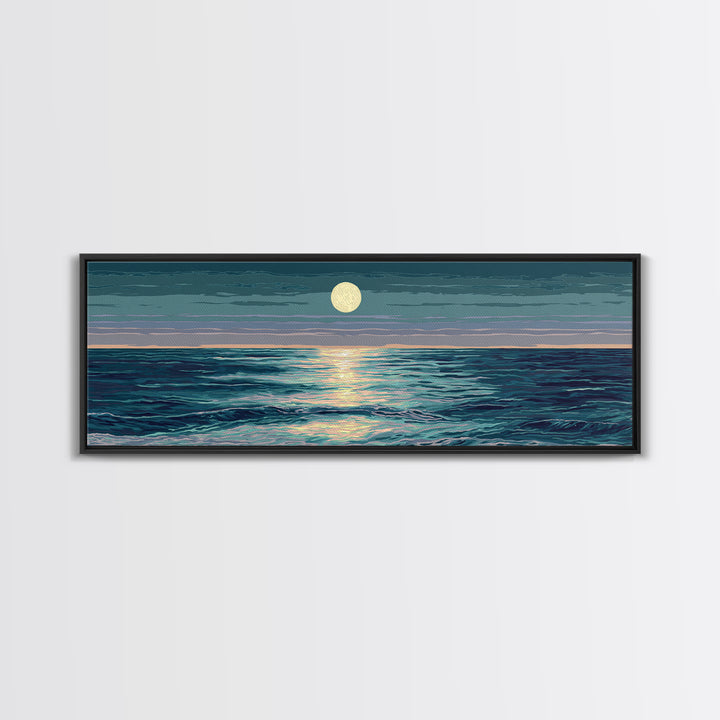 Moonlit Ocean Waves Under Full Moon Wall Art, Coastal Modern Decor, Blue Seascape, Serene Bedroom Living Room Canvas Print