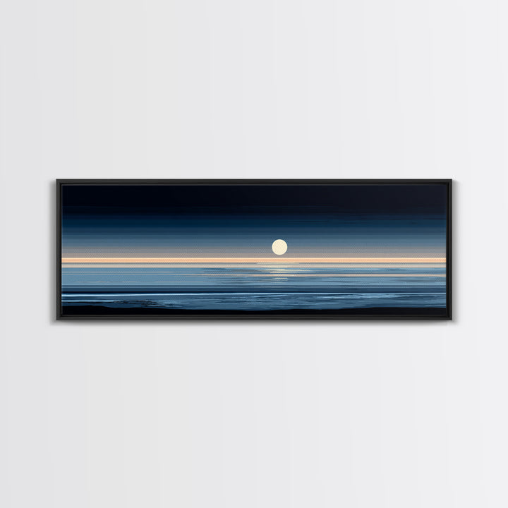 Minimal Moon Over Calm Horizon Wall Art, Modern Coastal Decor, Blue Abstract Seascape, Serene Bedroom Large Canvas Print