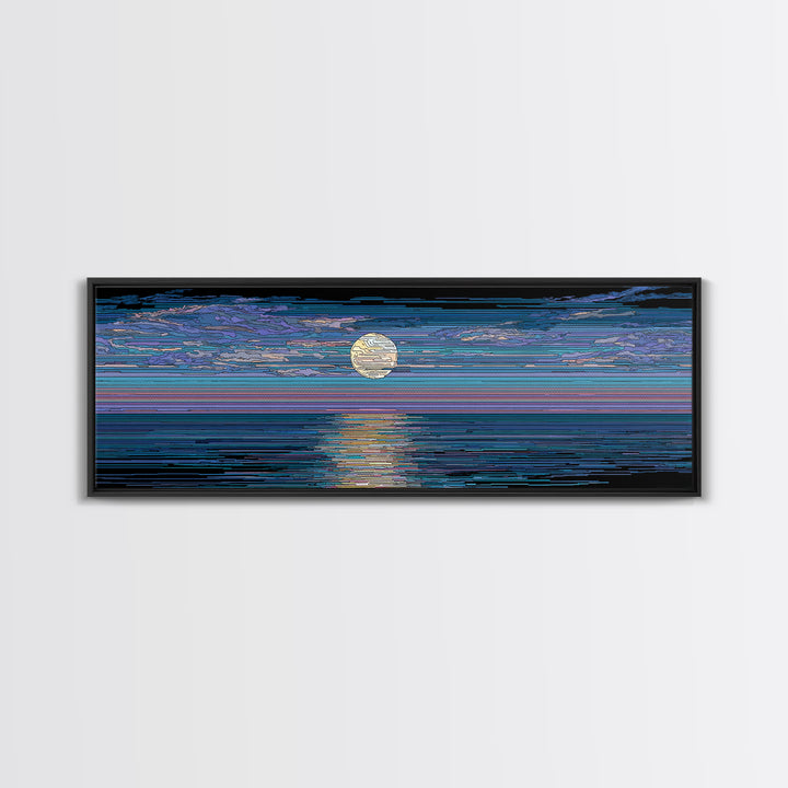 Striped Full Moon Ocean Reflection Wall Art, Modern Abstract Decor, Blue Coastal Seascape, MCM Retro Bedroom Canvas Print
