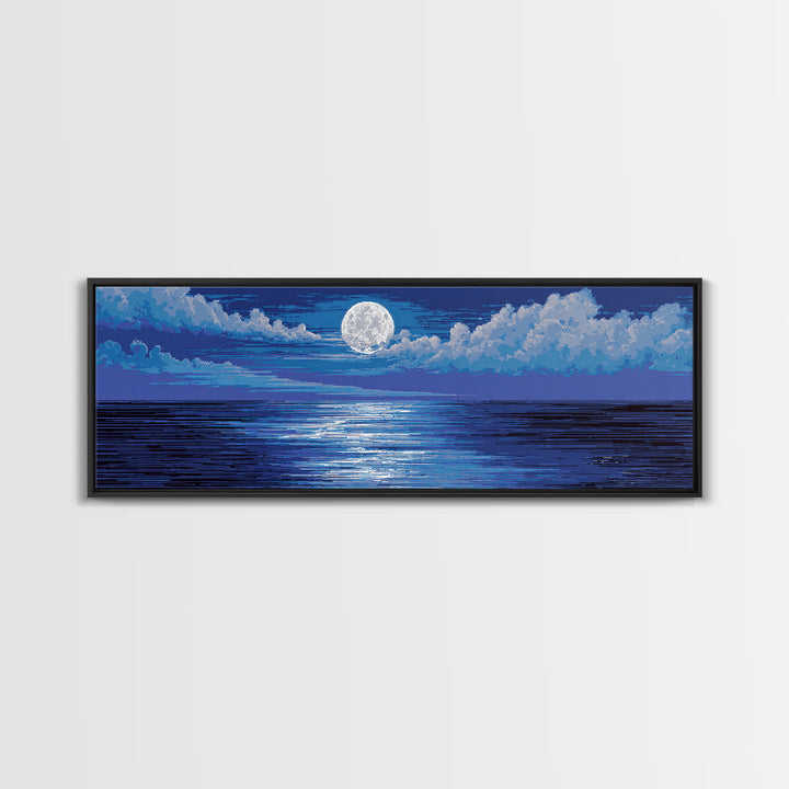 Bright Full Moon Over Blue Ocean Clouds Wall Art, Modern Coastal Decor, Serene Seascape, Bedroom Living Room Large Canvas Print
